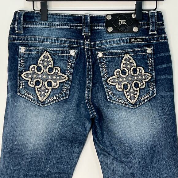 Miss Me Capri Cropped Embroidered Studded Wide Leg Denim Jean Blue Stretch Sz 28 - Picture 11 of 16